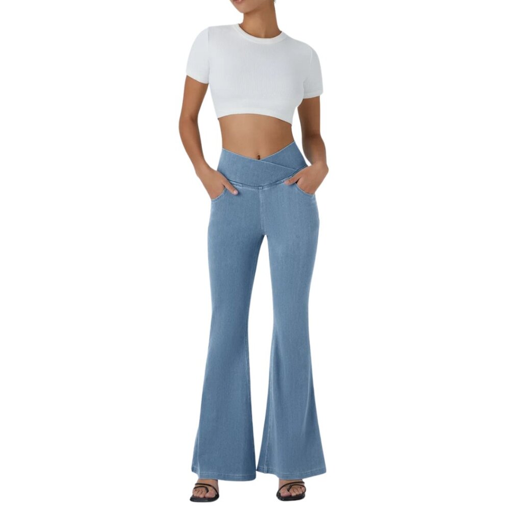 HALARA Magic Denim High Waist Crossover Flare Jeans Light Wash XL NWOT - Picture 5 of 13